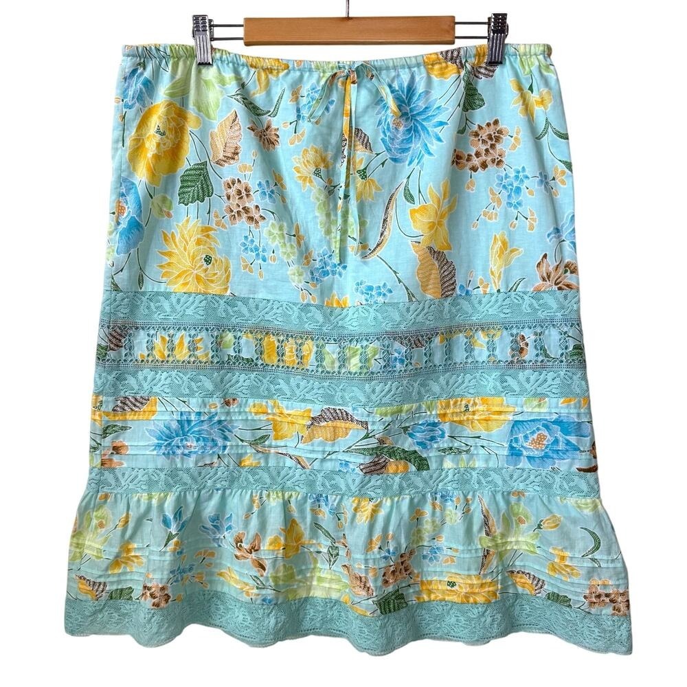 Vtg Y2K BR Skirt Women 14 Blue Floral Lace Trim Cotton Linen Boho Summer Romance